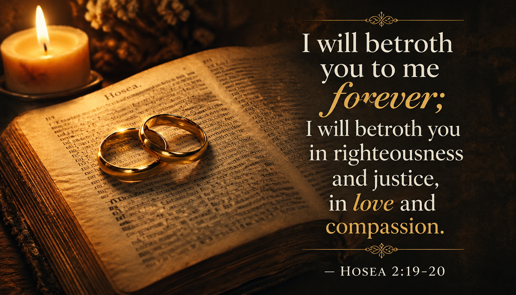Hosea 2:19-20 verse image with golden wedding rings on open Bible pages by candlelight